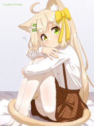 Rule 34 | 1girl, ?, absurdres, ahoge, animal ear fluff, animal ears, artist name, bed sheet, blonde hair, blush, bow, brown skirt, buttons, cat ears, cat girl, cat tail, closed mouth, female focus, fish hair ornament, from side, full body, gradient background, green eyes, grey background, hair bow, hair ornament, hairclip, hazakura hinata, heterochromia, highres, hugging own legs, knees up, legs together, long hair, long sleeves, looking at viewer, miniskirt, original, outline, pantyhose, plaid, plaid skirt, pleated skirt, shirt, shirt tucked in, sidelocks, signature, simple background, sitting, skirt, solo, suspender skirt, suspenders, tail, thighband pantyhose, white outline, white pantyhose, white shirt, yellow bow, yellow eyes