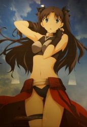 Rule 34 | 1girl, archer (fate), archer (fate) (cosplay), black panties, black top, blue eyes, breasts, brown hair, cosplay, crop top, dark, dark sky, fate/stay night, fate (series), female focus, gluteal fold, midriff, navel, outdoors, panties, red skirt, ribbon, skirt, sky, solo, standing, takeuchi takashi, thighs, tohsaka rin, twintails, underwear