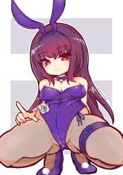 Rule 34 | 1girl, absurdres, animal ears, arm behind back, bare shoulders, bow, breasts, cleavage, closed mouth, covered navel, detached collar, fake animal ears, fate/grand order, fate (series), fishnet pantyhose, fishnets, flower, hair between eyes, hairband, highres, leotard, long hair, medium breasts, official alternate costume, outline, pantyhose, playboy bunny, purple bow, purple footwear, purple hair, purple hairband, purple leotard, purple neckwear, rabbit ears, red eyes, scathach (fate), scathach (piercing bunny) (fate), shoes, smile, solo, squatting, strapless, strapless leotard, tenkasu (aster4545), thigh strap, twitter username, very long hair, white flower, white outline, wrist cuffs
