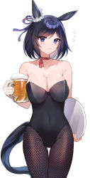 Rule 34 | 1girl, absurdres, akitsuki (oenothera), alcohol, animal ears, bare shoulders, beer, beer mug, black hair, blue eyes, blush, breasts, choker, cleavage, collarbone, commentary, covered navel, cowboy shot, cup, duplicate, eishin flash (umamusume), flying sweatdrops, groin, hair ribbon, highres, holding, holding cup, holding tray, horse ears, horse girl, horse tail, large breasts, leotard, looking at viewer, mug, nontraditional playboy bunny, pantyhose, pixel-perfect duplicate, playboy bunny, ribbon, scrunchie, short hair, simple background, solo, standing, strapless, strapless leotard, tail, thighs, tray, umamusume, white background, white scrunchie