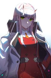 Rule 34 | 10s, 1girl, allos, breasts, candy, darling in the franxx, food, green eyes, hair between eyes, hairband, hands on own hips, highres, horns, in mouth, jacket, jacket on shoulders, lollipop, looking at viewer, medium breasts, military, military uniform, orange neckwear, pink hair, red horns, solo, straight hair, uniform, white hairband, zero two (darling in the franxx)