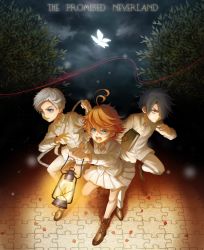 Rule 34 | 1girl, 2boys, absurdres, ahoge, bug, butterfly, copyright name, full body, hair over one eye, highres, huge filesize, insect, multiple boys, neck tattoo, number tattoo, tattoo, yakusoku no neverland