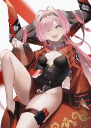 Rule 34 | 1girl, :d, absurdres, antenna hair, azur lane, bare legs, black dress, black footwear, black hairband, blush, breasts, china dress, chinese clothes, covered navel, cropped jacket, daiiichukiii, dress, food, hair over one eye, hairband, highres, holding, holding food, horns, jacket, knee up, long hair, long sleeves, looking at viewer, medium breasts, official alternate costume, open clothes, open jacket, open mouth, photoshop (medium), pink hair, prinz rupprecht (azur lane), prinz rupprecht (the gate dragon advent) (azur lane), purple eyes, red jacket, shoes, simple background, sitting, smile, solo, thigh strap, v-shaped eyebrows, very long hair, white background, wide sleeves