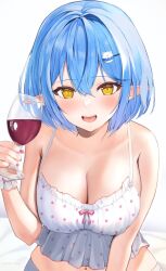 Rule 34 | 1girl, :d, alcohol, bare shoulders, blue hair, breasts, camisole, cleavage, collarbone, cup, drinking glass, elf, hair ornament, hairclip, holding, holding cup, hololive, large breasts, looking at viewer, nail polish, navel, open mouth, pink nails, pointy ears, polka dot, short hair, simple background, smile, solo, towrituka, upper body, virtual youtuber, white background, wine, wine glass, yellow eyes, yukihana lamy, yukihana lamy (loungewear)