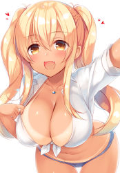 Rule 34 | 10s, 1girl, bikini tan, blonde hair, blush, braid, breasts, brown eyes, cleavage, collarbone, fang, hair between eyes, heart, jewelry, large breasts, leaning forward, long hair, looking at viewer, mole, mole on stomach, navel, necklace, open mouth, sazaki ichiri, short shorts, shorts, simple background, smile, solo, sunohara nana, sunoharasou no kanrinin-san, tan, tanline, twintails, white background