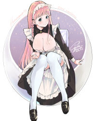 Rule 34 | 1girl, absurdres, apron, black dress, black footwear, blush, braid, breasts, cleavage, closed mouth, convenient leg, copyright request, dated, dress, fingernails, geshumaro, green eyes, highres, large breasts, legs together, long hair, long sleeves, looking at viewer, maid, maid apron, maid headdress, mole, mole on breast, mole under eye, mole under mouth, pink hair, shoes, side braid, signature, sitting, smile, solo, thighhighs, white apron, white thighhighs