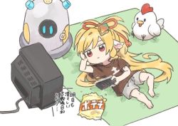 Rule 34 | 1girl, animal ears, arm support, bag of chips, barefoot, bird, blanket, blonde hair, botamochi (exwelder), brown shorts, chick, closed mouth, controller, granblue fantasy, hair ornament, harvin, jitome, joy (granblue fantasy), long hair, lying, mahira (granblue fantasy), on side, red eyes, remote control, robot, shorts, simple background, television, white background
