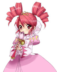 Rule 34 | 00s, 1girl, bow, brooch, dress, drill hair, expressionless, fine (futagohime), fushigiboshi no futago hime, hexagram, jewelry, lowres, pink dress, red eyes, red hair, ribbon, short hair, solo, twin drills, twintails, wand, white background