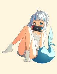 Rule 34 | 1girl, absurdres, ahoge, bare arms, bare legs, blue eyes, blue hair, blunt bangs, blush, collarbone, covering own mouth, dolphin shorts, fins, fish tail, full body, gawr gura, grey shorts, hair bobbles, hair ornament, highres, hololive, hololive english, knees together feet apart, looking at viewer, lucasyecla99, midriff, multicolored hair, nintendo switch, one side up, shark tail, shirt, shorts, sidelocks, simple background, sitting, sleeveless, sleeveless shirt, socks, solo, streaked hair, tail, tank top, virtual youtuber, white hair, white shirt, white socks