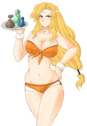 Rule 34 | 1girl, angry, archived source, bag, bandana, bare shoulders, bikini, blonde hair, blush, boobies uniform, breasts, brigid (fire emblem), cameltoe, choker, cleavage, closed mouth, collarbone, crossover, curvy, drink, embarrassed, female focus, fire emblem, fire emblem: genealogy of the holy war, fire emblem: thracia 776, fire emblem heroes, front-tie bikini top, front-tie top, frown, furrowed brow, groin, hand on own hip, highres, holding, holding tray, honey (space dandy), large breasts, light blush, long hair, looking at viewer, low-tied long hair, navel, nintendo, orange bikini, parted bangs, sleeve cuffs, solo, space dandy, standing, swimsuit, thighs, transparent background, tray, tridisart, very long hair, waitress, wide hips, yellow eyes