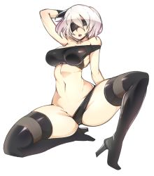 Rule 34 | 1girl, android, arm behind back, bad id, bad twitter id, bare shoulders, black bra, black panties, black thighhighs, blindfold, boots, bra, breasts, cleavage, full body, gloves, high heel boots, high heels, highres, navel, nier (series), nier:automata, off shoulder, open mouth, panties, short hair, slugbox, solo, stomach, thigh boots, thighhighs, underwear, white background, white hair, 2b (nier:automata)