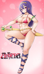 Rule 34 | 1girl, ankle wrap, athena (series), bikini, breasts, character name, cleavage, covered erect nipples, cross-laced footwear, curvy, full body, gladiator sandals, hair ornament, hand on own hip, holding, holding weapon, large breasts, leg lift, leg up, looking at viewer, navel, onomeshin, princess athena, purple eyes, purple hair, red bikini, sandals, smile, snk, solo, standing, standing on one leg, swimsuit, sword, thick thighs, thighhighs, thighs, weapon
