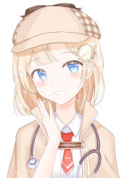 Rule 34 | 1girl, absurdres, beanie, blonde hair, blue eyes, blush, collared shirt, commentary, grin, hair ornament, hand up, hat, highres, hololive, hololive english, looking at viewer, necktie, plaid headwear, red necktie, shirt, short hair, simple background, smile, solo, stethoscope, tokoneko, upper body, virtual youtuber, watson amelia, watson amelia (1st costume), white background, white shirt
