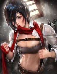 Rule 34 | 1girl, abs, belt, black hair, breasts, cleavage, dressing, highres, looking at viewer, midriff, mikasa ackerman, mouth hold, navel, open clothes, open shirt, sakimichan, scarf, shingeki no kyojin, shirt, solo, sports bra, stomach, strap, suspenders, sweat, toned, upper body, window