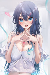 Rule 34 | 1girl, absurdres, blue eyes, blue hair, blush, breasts, cleavage, hair between eyes, hair ornament, heart, highres, jewelry, komupi, large breasts, long hair, looking at viewer, navel, necklace, open mouth, original, round teeth, smile, teeth, upper teeth only, x hair ornament
