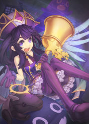 Rule 34 | + +, 1girl, :d, bare shoulders, bell, blue eyes, building, dress, feathered wings, frilled dress, frills, fur trim, gloves, hat, holding, long hair, lumiel (p&amp;d), mary janes, monster, open mouth, pantyhose, purple dress, purple footwear, purple gloves, purple hair, purple pantyhose, puzzle &amp; dragons, rotix, shoes, skyscraper, smile, solo, star (symbol), striped clothes, striped pantyhose, symbol-shaped pupils, tapir, two side up, vertical-striped clothes, vertical-striped pantyhose, wings