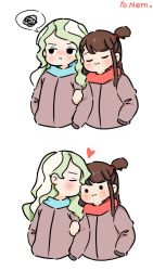Rule 34 | 2girls, :3, :t, arm hug, blonde hair, blue scarf, blush, brown hair, chibi, closed eyes, closed mouth, coat, commentary request, diana cavendish, gloves, heart, kagari atsuko, little witch academia, long hair, long sleeves, multiple girls, nose blush, ponytail, pout, purple coat, red scarf, rey 2911, scarf, simple background, speech bubble, spoken squiggle, squiggle, v-shaped eyebrows, white background, winter clothes, yuri