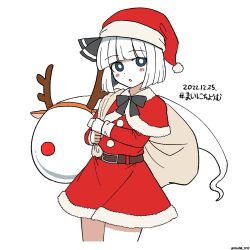 Rule 34 | 1girl, antlers, black hairband, blunt bangs, bright pupils, capelet, cowboy shot, dated, dress, fur trim, ghost, hairband, hat, highres, holding, holding sack, horns, hoshii 1213, konpaku youmu, konpaku youmu (ghost), long sleeves, looking at viewer, open mouth, red capelet, red dress, red headwear, red nose, reindeer antlers, sack, santa hat, solo, standing, touhou, white hair, white pupils