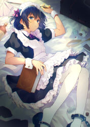 Rule 34 | 1boy, apron, bed sheet, black dress, black eyes, black footwear, black hair, book, bottle, bound ankles, bow, bowtie, crossdressing, cuffs, dress, duster, feet out of frame, frilled apron, frilled dress, frills, hair between eyes, hair bow, harecaba, highres, holding, holding duster, light blush, looking at viewer, lying, maid, maid apron, maid headdress, male focus, mary janes, on bed, original, parted lips, puffy short sleeves, puffy sleeves, purple bow, purple bowtie, shackles, shoes, short hair, short sleeves, sweatdrop, thighhighs, trap, white apron, white thighhighs, wrist cuffs