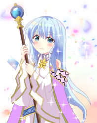 Rule 34 | 1girl, blush, cape, circlet, dress, fire emblem, fire emblem: genealogy of the holy war, grey eyes, grey hair, holding, holding staff, julia (fire emblem), long hair, looking at viewer, nintendo, potato0805, purple cape, simple background, solo, staff, wide sleeves