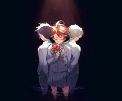 Rule 34 | 1girl, 2boys, ahoge, black background, black hair, closed eyes, closed mouth, collar, collared shirt, commentary request, emma (yakusoku no neverland), flower, from behind, highres, holding, holding flower, light, light particles, long sleeves, multiple boys, neck tattoo, norman (yakusoku no neverland), number tattoo, orange hair, pants, petals, petals on liquid, ray (yakusoku no neverland), red flower, shirt, short hair, simple background, skirt, standing, tattoo, water, white hair, white shirt, white skirt, yakusoku no neverland, yukasa (yu sa18)