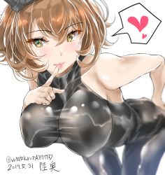 Rule 34 | 1girl, bare arms, black bodysuit, bodysuit, breasts, brown eyes, brown hair, character name, collarbone, dated, finger to mouth, hand on own ass, heart, kantai collection, large breasts, leaning forward, lips, looking at viewer, mutsu (kancolle), short hair, simple background, smile, solo, spoken heart, tororo ten, twitter username, upper body, white background