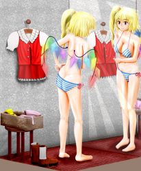 Rule 34 | 1girl, bikini, blonde hair, boots, breasts, cleavage, female focus, flandre scarlet, from behind, highres, large breasts, mirror, navel, ouf, red eyes, reflection, shirt, side-tie bikini bottom, side ponytail, skirt, smile, socks, solo, stool, striped bikini, striped clothes, swimsuit, touhou, wings