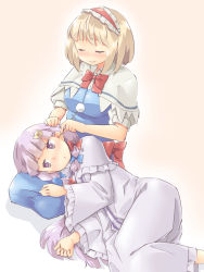 Rule 34 | 2girls, alice margatroid, arnest, blonde hair, blue dress, blunt bangs, capelet, closed eyes, commentary request, crescent, crescent hair ornament, dress, ear cleaning, feet out of frame, gradient background, hair ornament, hairband, hand on another&#039;s head, highres, lap pillow, lolita hairband, long sleeves, looking to the side, lying, lying on person, mimikaki, multiple girls, no headwear, on side, patchouli knowledge, pink background, puffy short sleeves, puffy sleeves, purple eyes, purple hair, purple robe, robe, sash, seiza, short hair, short sleeves, sidelocks, sitting, smile, striped clothes, striped dress, touhou, white capelet, white sleeves, wide sleeves