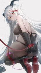Rule 34 | 1girl, absurdres, aegir (azur lane), azur lane, backless outfit, bodystocking, bound, bound arms, bound legs, demon horns, from behind, hair on horn, high heels, highres, horns, kneeling, lin jingling, long hair, looking at viewer, looking back, middle finger, multicolored hair, red hair, remote control vibrator, restrained, rope, sex toy, streaked hair, vibrator, white hair, yellow eyes