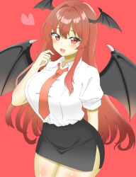 Rule 34 | 1girl, absurdres, bat wings, black skirt, black wings, blush, breasts, commentary request, cowboy shot, dot nose, dress shirt, fang, hair between eyes, head wings, heart, highres, huge breasts, koakuma, long hair, looking at viewer, necktie, no vest, pencil skirt, red background, red eyes, red hair, red necktie, shiny skin, shirokumall, shirt, short sleeves, side slit, sidelocks, simple background, skin fang, skirt, solo, taut clothes, taut shirt, touhou, very long hair, white shirt, wings