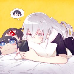 Rule 34 | 1girl, 6 (yuchae), after bathing, ahoge, bed sheet, black hair, blue eyes, blue hair, blush, bronya zaychik, cellphone, character doll, commentary request, crossed bangs, drill hair, grey eyes, grey hair, holding, holding phone, honkai (series), honkai impact 3rd, long hair, lying, multicolored hair, on bed, on stomach, phone, red eyes, red hair, seele (alter ego), seele vollerei, short sleeves, sidelocks, smartphone, smile, solo, spoken character, thought bubble, towel, towel around neck, two-tone hair, wet, wet hair, yellow background