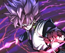 1boy 9302w_(user_wjpg8475) black_dougi blush brown_eyes closed_mouth dougi dragon_ball energy_scythe energy_weapon goku_black holding holding_scythe long_sleeves looking_to_the_side male_focus medium_hair partially_shaded_face pink_hair purple_background red_sash sash scythe smile solo sparkle spiked_hair super_saiyan super_saiyan_rose upper_body