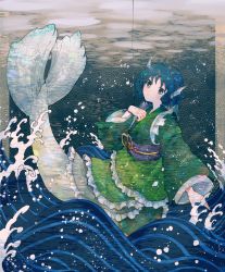 Rule 34 | 1girl, blue eyes, blue hair, commentary request, fins, fishing hook, fishing line, frilled kimono, frills, full body, green kimono, head fins, highres, itomugi-kun, japanese clothes, kimono, kneeless mermaid, long sleeves, mermaid, monster girl, open mouth, patterned background, seigaiha, short hair, solo, touhou, wakasagihime, waves