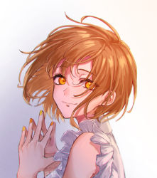 Rule 34 | 1girl, bad id, bad pixiv id, brown hair, closed mouth, dress, fingers together, frilled dress, frills, gradient background, highres, looking at viewer, multicolored nails, nail polish, orange eyes, orange nails, original, seina1211, short hair, signature, simple background, sleeveless, sleeveless dress, smile, solo, steepled fingers, upper body, white dress, yellow nails
