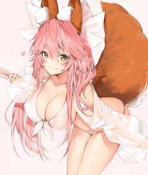 Rule 34 | 1girl, animal ear fluff, animal ears, bare shoulders, bikini, blush, bow, breasts, brown eyes, cleavage, closed mouth, collarbone, commentary request, fate/extra, fate (series), fox ears, fox girl, fox tail, front-tie bikini top, front-tie top, hair between eyes, hair bow, heart, highres, holding, large breasts, leaning forward, long hair, long sleeves, pink background, pink hair, puffy long sleeves, puffy sleeves, revision, see-through, silver (chenwen), simple background, skindentation, sleeves past wrists, smile, solo, swimsuit, tail, tamamo (fate), tamamo no mae (fate/extra), very long hair, white bikini, white bow