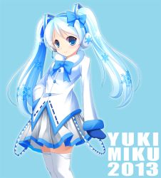 Rule 34 | 10s, 1girl, 2013, bad id, bad pixiv id, blue eyes, blue hair, bow, bowtie, character name, hair bow, hand on own hip, hatsune miku, headset, long hair, looking at viewer, matching hair/eyes, mittens, okazaki mitsuki, simple background, skirt, smile, snowflakes, solo, thighhighs, twintails, very long hair, vocaloid, yuki miku
