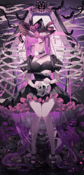 Rule 34 | absurdres, bat (animal), belda34, black dress, breasts, casket, choker, collar, dress, dripping, halloween, halloween costume, hat, hat ornament, hat ribbon, highres, knees together feet apart, long hair, looking at viewer, original, outdoors, pile of skulls, pink eyes, pink hair, puffy short sleeves, puffy sleeves, ribbon, ribs, short sleeves, skull, small breasts, smile, solo, strap, twintails, very long hair, witch, witch hat