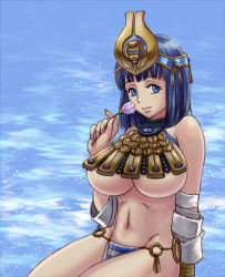 Rule 34 | 1girl, ancient princess menace, bandages, black hair, blue eyes, breasts, crown, egyptian, eleventh, flower, large breasts, menace (queen&#039;s blade), menace (queen's blade), panties, queen&#039;s blade, short hair, solo, striped clothes, striped panties, underboob, underwear, water, wrist cuffs