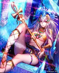 Rule 34 | 1girl, ankle lace-up, barefoot, barefoot sandals (jewelry), blurry, bracelet, breasts, cleavage, cross-laced footwear, depth of field, earrings, fishnet legwear, fishnets, gem, headwear request, jewelry, kazari tayu, long hair, navel, necklace, official art, red eyes, sitting, smile, solo, staff, toe ring, white hair