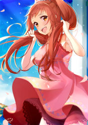 Rule 34 | 1girl, :d, breasts, brown hair, commentary request, dress, highres, holding, holding own hair, idolmaster, idolmaster cinderella girls, long hair, looking at viewer, medium breasts, nira (vira), open mouth, petals, pink dress, ponytail, sleeveless, sleeveless dress, smile, solo, wakabayashi tomoka, wind, yellow eyes