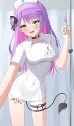 1girl :d absurdres alternate_costume black_choker breasts bridal_garter choker colored_inner_hair covered_navel demon_girl demon_tail fang green_eyes hat highres holding holding_syringe hololive leg_tattoo long_hair looking_at_viewer medium_breasts multicolored_hair nurse nurse_cap o-ring o-ring_choker o-ring_thigh_strap open_mouth pink_hair purple_hair smile solo syringe tail tail_ornament tail_ring tattoo thigh_strap tokoyami_towa two-tone_hair virtual_youtuber woogi