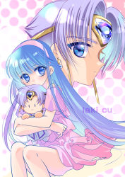Rule 34 | 1boy, 1girl, artist name, bare arms, bare legs, blouse, blue eyes, blue hair, character doll, circlet, clef (rayearth), closed mouth, doll, earrings, grey hair, hairband, holding, holding doll, jewelry, laki (laki cu), long hair, looking at viewer, magic knight rayearth, parted bangs, pink hairband, pink shirt, pink skirt, polka dot, polka dot background, profile, rayearth ova, ryuuzaki umi, shirt, sitting, skirt