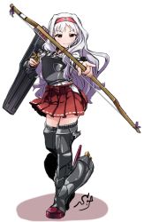 Rule 34 | 1girl, armor, armored boots, black footwear, boots, bow (weapon), cosplay, idolmaster, idolmaster (classic), japanese clothes, kantai collection, long hair, look-alike, red eyes, shift (waage), shijou takane, shoukaku (kancolle), shoukaku (kancolle) (cosplay), silver hair, solo, thigh boots, thighhighs, weapon, zettai ryouiki