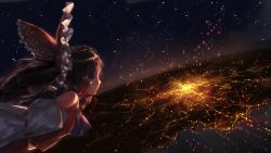 Rule 34 | 1girl, bow, bridge, brown hair, city lights, cityscape, commentary, congming lan, dark, detached sleeves, flying, hair bow, hair tubes, hakurei reimu, highres, horizon, light particles, long hair, looking to the side, night, night sky, profile, scenery, sidelocks, sky, solo, star (sky), touhou, water