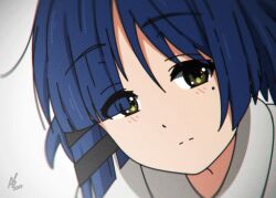 Rule 34 | 1girl, animebrit, blue hair, blurry, blush, bocchi the rock!, close-up, closed mouth, commentary, dated, depth of field, green eyes, hair ornament, hairclip, looking at viewer, mole, mole under eye, portrait, short hair, signature, simple background, solo, white background, yamada ryo