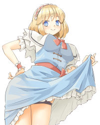 Rule 34 | 1girl, alice margatroid, arnest, black panties, blonde hair, blue dress, blue eyes, blush, bow, bowtie, breasts, capelet, clothes lift, dress, dress lift, frills, from below, hairband, hand on own hip, highres, large breasts, lifted by self, lolita hairband, looking at viewer, panties, puffy short sleeves, puffy sleeves, red bow, red sash, sash, shirt, short hair, short sleeves, smile, thighs, touhou, underwear, white background, white capelet, white shirt, wristband
