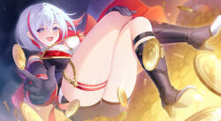 Rule 34 | 1girl, ass, black footwear, black gloves, black shorts, blue eyes, boots, breasts, clothing cutout, coin, gloves, grey hair, highres, honkai: star rail, honkai (series), large breasts, looking at viewer, minzieart, multicolored hair, open mouth, red hair, short hair, shorts, solo, split-color hair, streaked hair, teeth, thigh focus, thigh strap, thighs, topaz (honkai: star rail), two-tone hair, upper teeth only