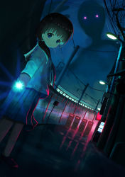 Rule 34 | 1girl, black neckerchief, black sailor collar, blue eyes, blue skirt, brown hair, closed mouth, commentary request, dutch angle, female focus, flashing, flashlight, glowing, hair over shoulder, highres, holding, lamppost, long hair, long sleeves, low twintails, mimikaki (men bow), neckerchief, night, night sky, original, outdoors, pleated skirt, power lines, reflection, road, sailor collar, school uniform, serafuku, shirt, skirt, sky, solo, standing, twintails, water, white shirt