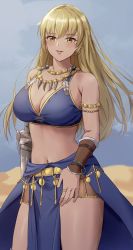 Rule 34 | 1girl, alternate costume, armlet, artist request, blonde hair, bracelet, breasts, cleavage, dark-skinned female, dark skin, desert, female focus, fire emblem, highres, igrene (fire emblem), jewelry, large breasts, legs, long hair, looking at viewer, matching hair/eyes, midriff, mole, mole under eye, navel, necklace, nintendo, parted lips, pelvic curtain, smile, solo, standing, thighs, yellow eyes