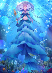 Rule 34 | 1girl, absurdres, air bubble, aqua skirt, bare shoulders, brooch, bubble, closed mouth, commentary, earrings, escoffion, eyelashes, fins, fish, forehead jewel, half-closed eyes, hat, head fins, highres, holding, holding scepter, jellyfish, jewelry, layered skirt, lens flare, light rays, lips, long sleeves, looking at viewer, mermaid, midriff, monster girl, navel, neck ruff, off shoulder, original, pink eyes, queen, scepter, seashell, see-through, see-through sleeves, senkun, shell, skirt, solo, tsurime, underwater